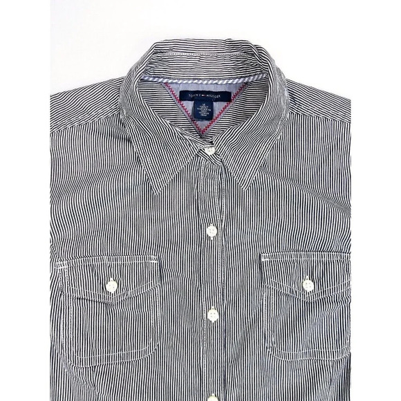 Tommy Hilfiger Size Medium Women's Black White Stripe Elbow Button Logo Shirt - Picture 1 of 13